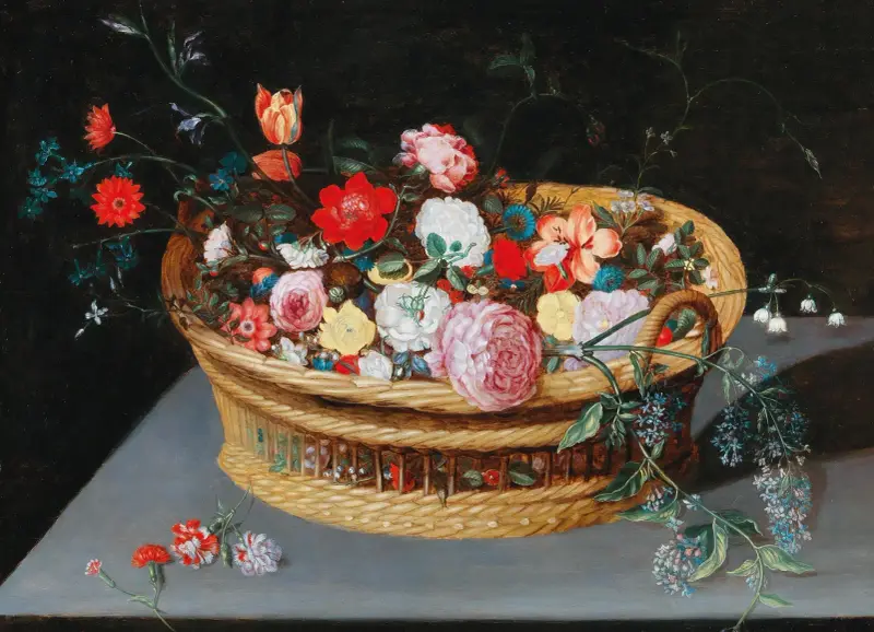 Ein Korb mit Frühlingsblumen auf einem Steintisch von Jan Brueghel the Younger