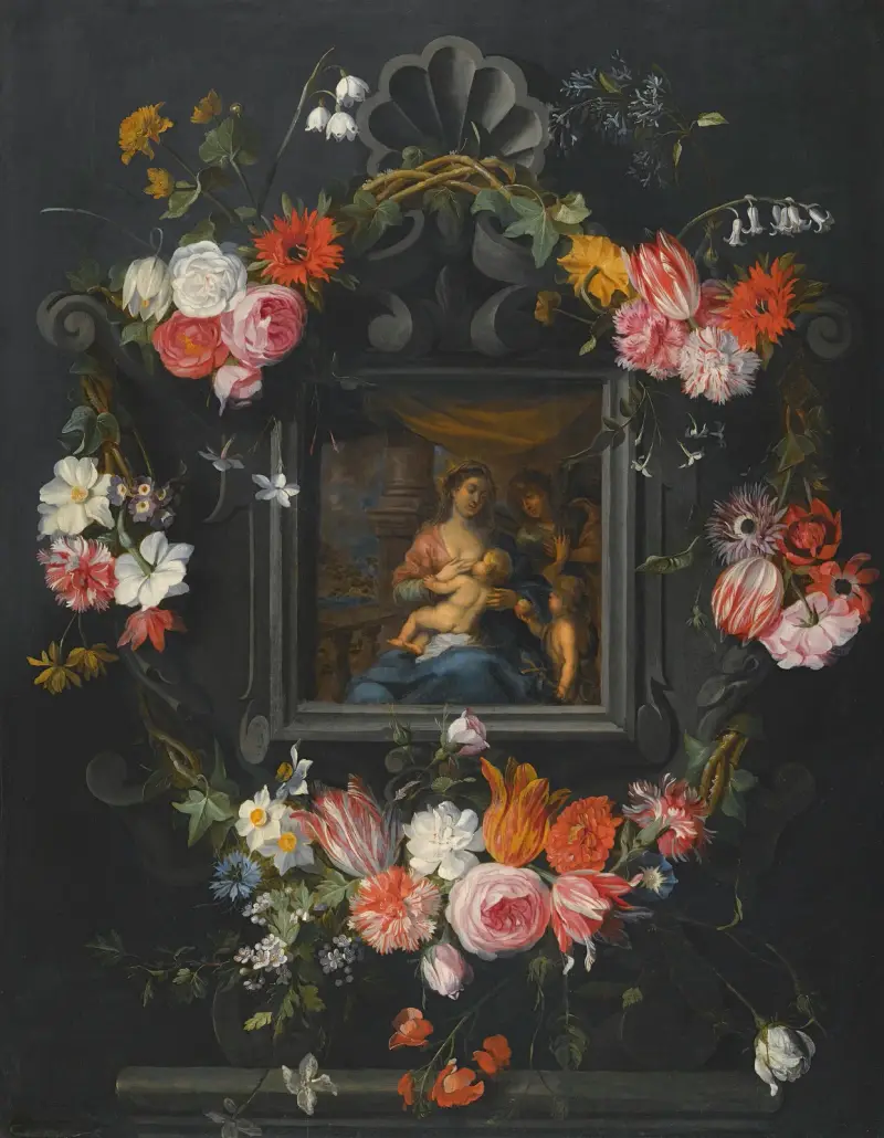 En blomstergirlang kring Jungfrun och Barnet av Jan Brueghel the Younger