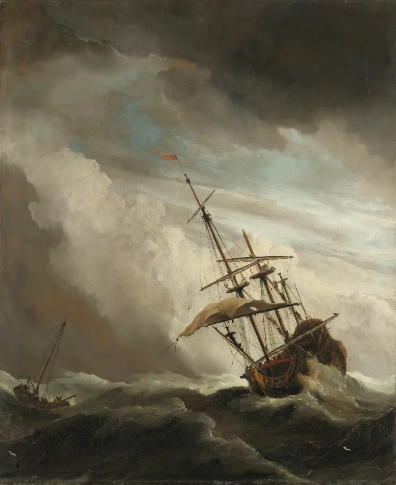 Ett skepp på öppet hav överraskat av en kastby, känd som ”Byvinden” av Willem van de Velde the Younger