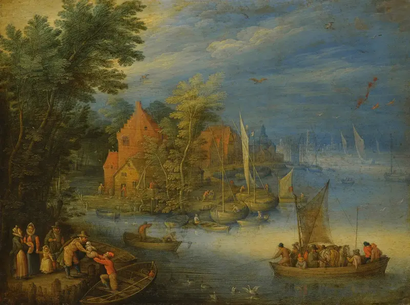 Eine Stadt am Ufer eines breiten Flusses mit einer schwer beladenen Fähre, die sich im Vordergrund dem Ufer nähert von Jan Brueghel the Younger