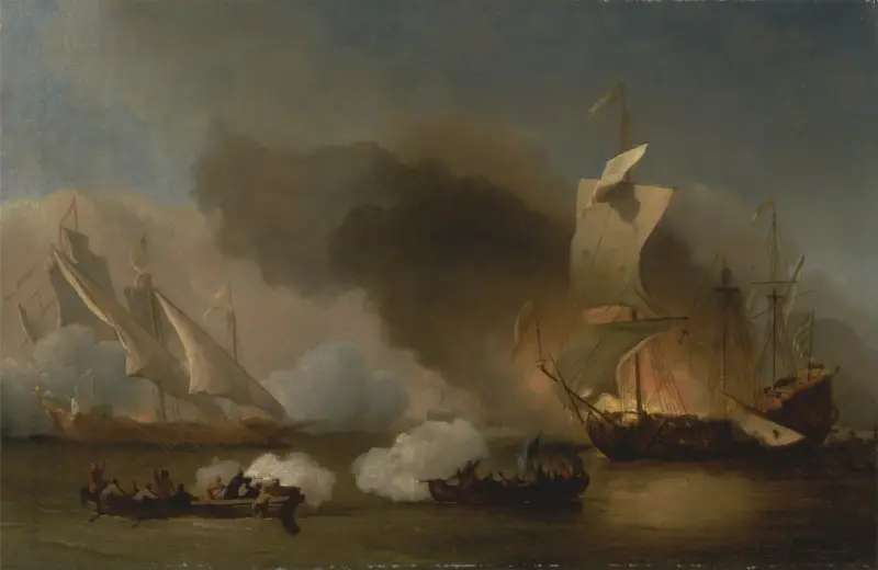 En drabbning utanför Barbareskkusten med galärer och engelska fartyg av Willem van de Velde the Younger