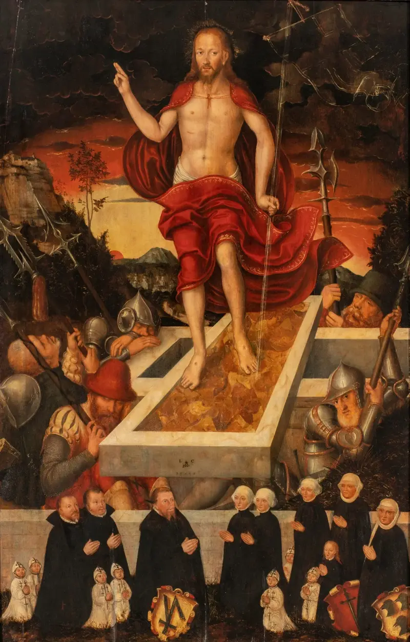 En gravskrift; den uppståndne Kristus med en donatorsfamilj av Lucas Cranach the Younger