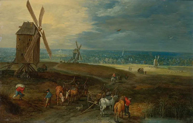An Extensive Landscape With Travellers Before A Windmill av Jan Brueghel the Younger