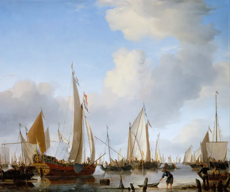Stilla – en statsjakt under segel nära kusten med många andra fartyg av Willem van de Velde the Younger