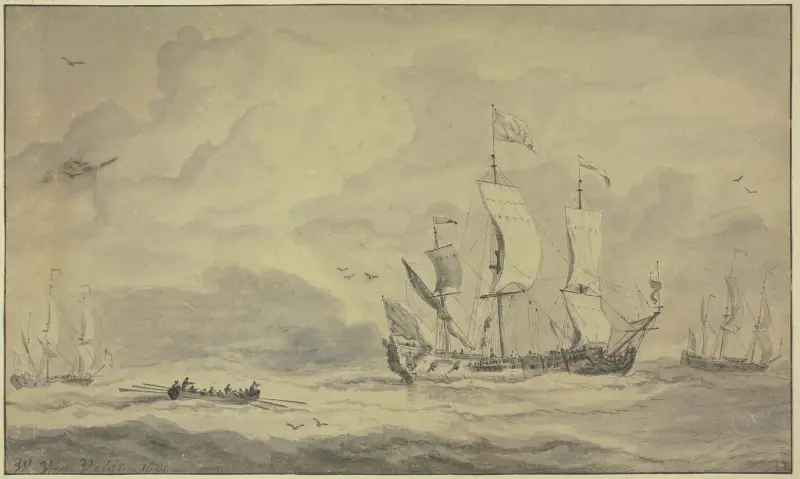 En tremastare som seglar åt höger, bakom den en roddbåt av Willem van de Velde the Younger