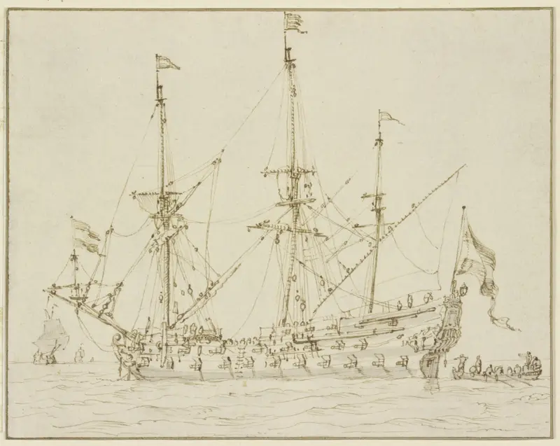 Ett krigsfartyg med nedfällda segel av Willem van de Velde the Younger