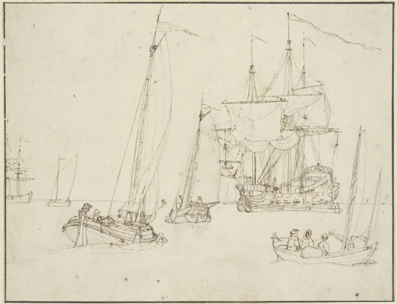 Ett krigsfartyg omgivet av tre segelbåtar, i fjärran flera andra fartyg av Willem van de Velde the Younger
