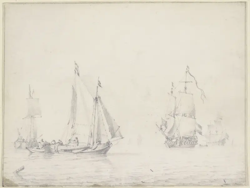Links drei Barken, rechts zwei größere Schiffe unter vollen Segeln von Willem van de Velde the Younger