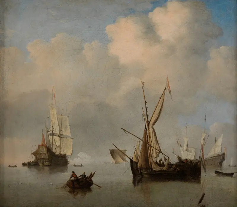 Stilla sjö; två små nederländska kustfartyg till ankars sida vid sida. Marin av Willem van de Velde the Younger