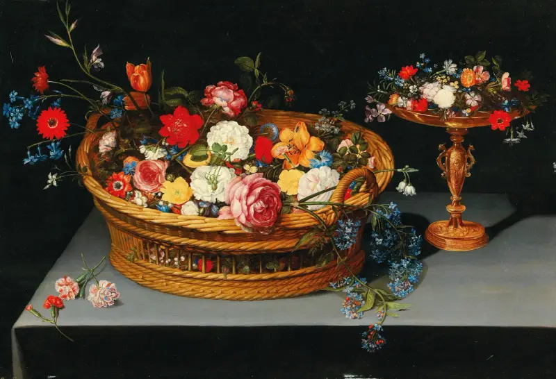 Blandade blommor i en korg med en tazza intill av Jan Brueghel the Younger