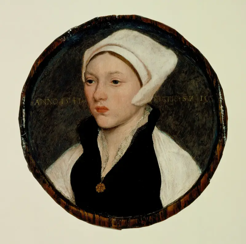 Porträtt av en ung kvinna med vit huvudbonad av Hans Holbein The Younger