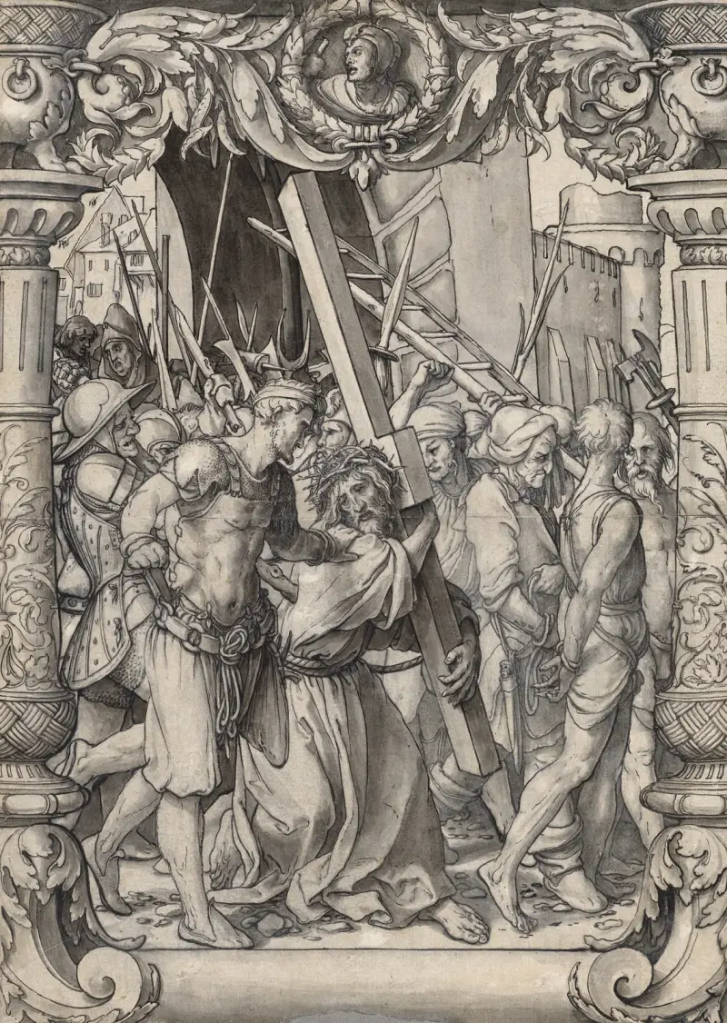 Skiss till glasfönster med Kristi korsbärande av Hans Holbein The Younger