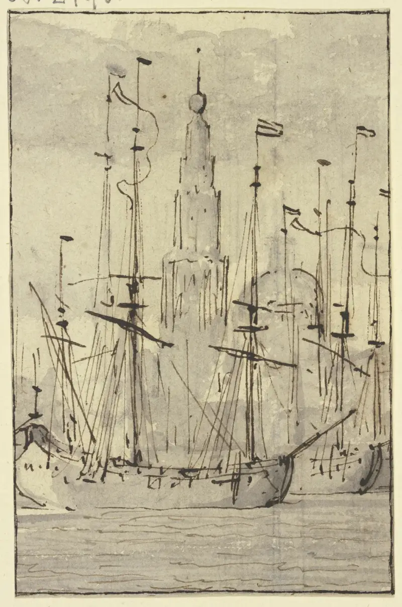 Schiffe, vor einer Kirche liegend av Willem van de Velde the Younger