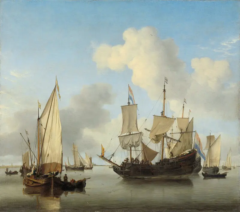 Skepp till ankars vid kusten av Willem van de Velde the Younger