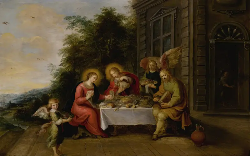 Den heliga familjen äter utomhus betjänade av änglar av Frans Francken the Younger