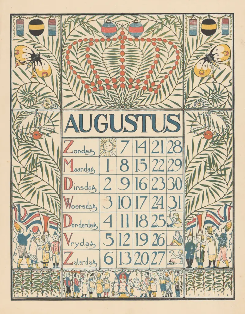 Kalender för augusti 1898 av Theo Nieuwenhuis