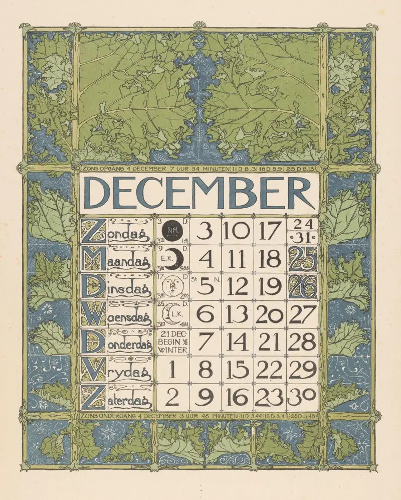 Kalenderblad för december 1899 av Theo Nieuwenhuis