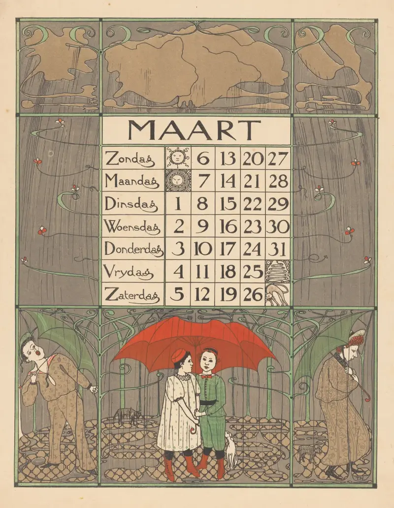 Kalenderblad för mars 1898 av Theo Nieuwenhuis