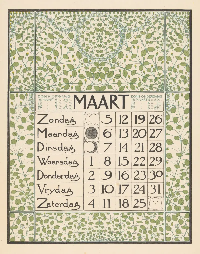 Kalenderblad för mars 1899 av Theo Nieuwenhuis