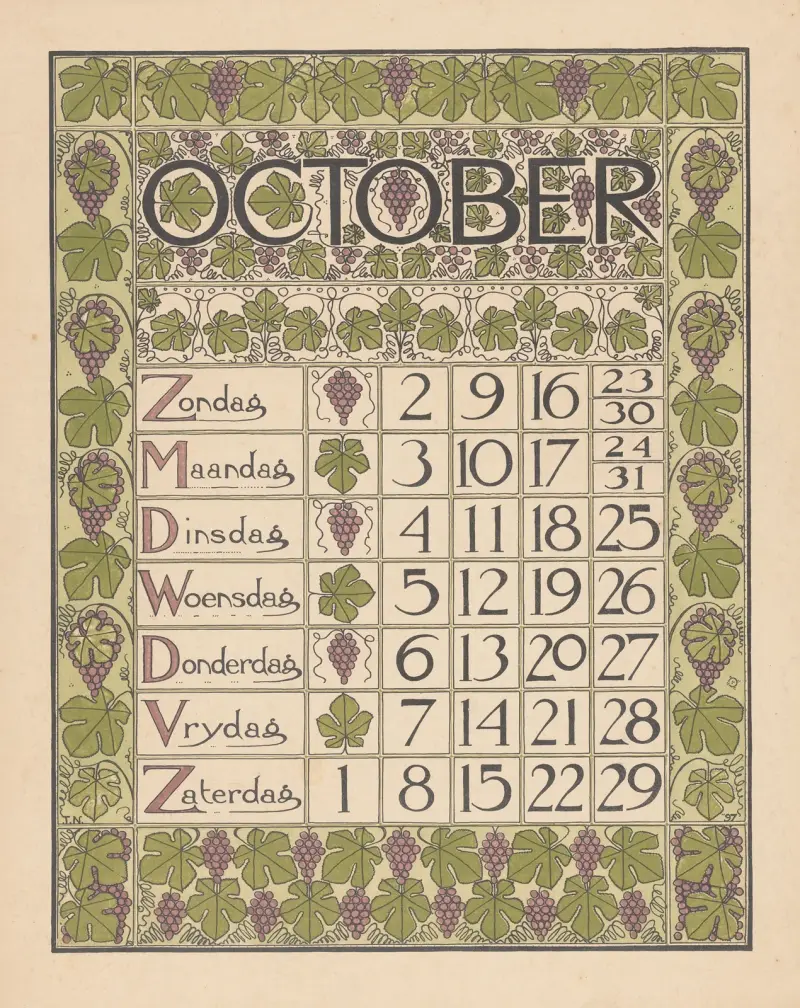 Kalenderblad för oktober 1898 av Theo Nieuwenhuis