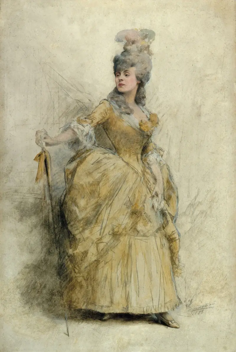 Porträtt av Réjane (1856–1920) i scenkostym av Théobald Chartran