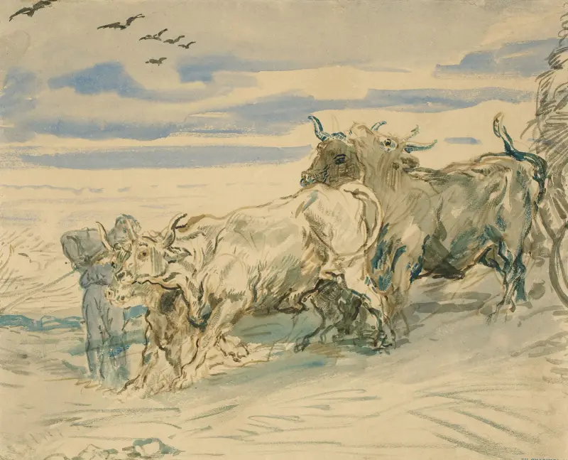Oxdrivare med oxar som drar en kärra av Théodore Chassériau
