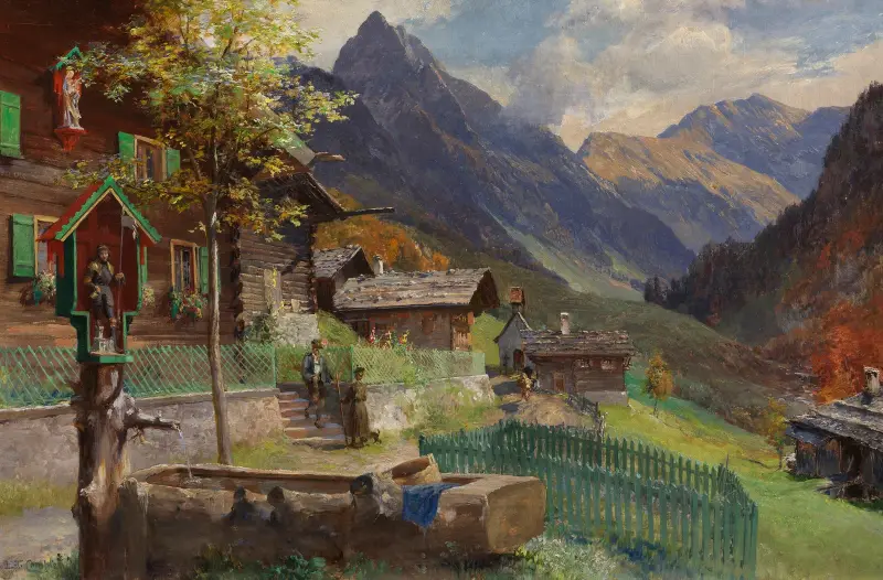 Gerstruben, vid bybrunnen med utsikt mot Höfats (bybrunn med en andaktsbild av den helige Florian) av Edward Theodore Compton