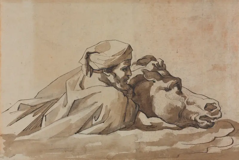 Mann, der ein Pferd im Wasser festhält, nach Poussins „Sintflut“ (recto) von Théodore Géricault