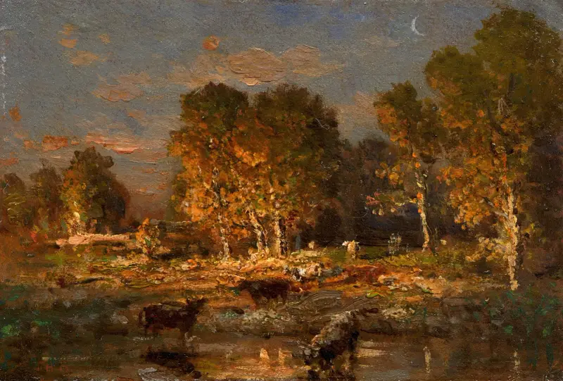 Krávy u napajedla při západu slunce, Théodore Rousseau
