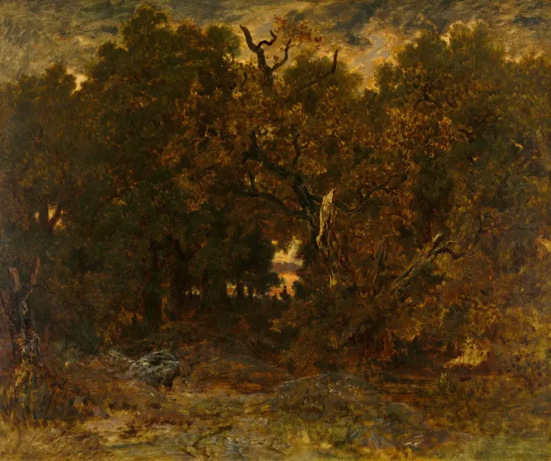 Ut ur skogen i Fontainebleau; solnedgång av Théodore Rousseau