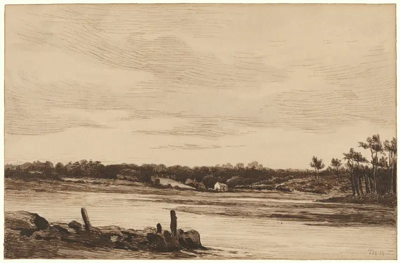 Floden Loing vid kanten av Fontainebleauskogen av Théodore Rousseau