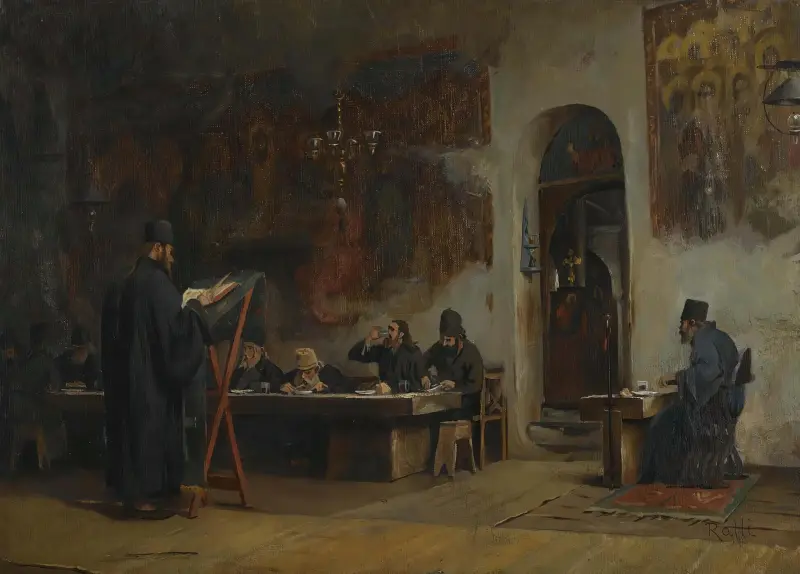 Refektorium i ett grekiskt kloster (Athos) av Theodoros Ralli
