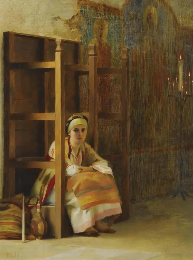 Ung flicka i en grekisk kyrka av Theodoros Ralli