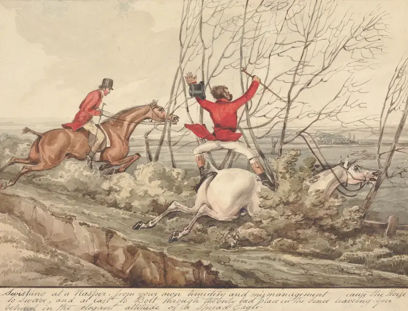 Kvalificerade hästar och okvalificerade ryttare; "Swishing at a Rasper From Your Own Timidity and Mismanagement Cause the Horse to Swerve…" av Henry Thomas Alken