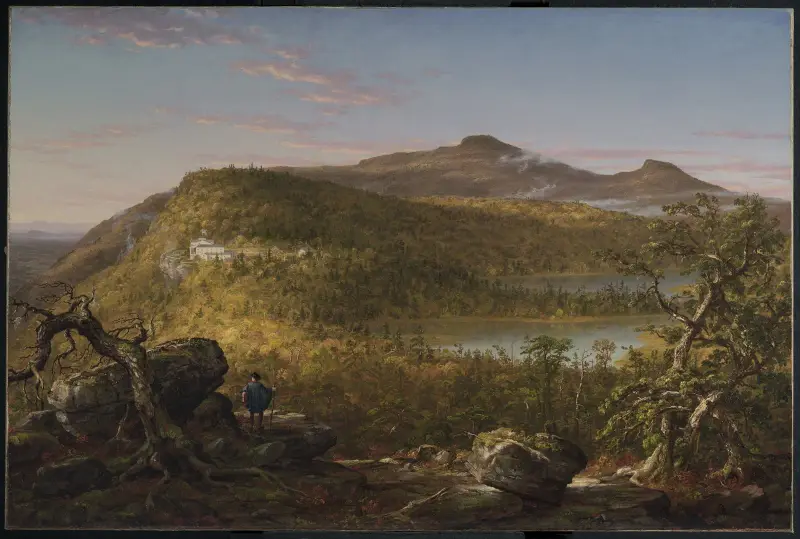 Utsikt över de två sjöarna och Mountain House, Catskillbergen, morgon av Thomas Cole
