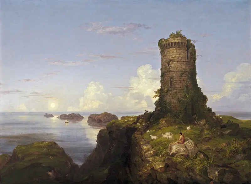 Italian Coast Scene with Ruined Tower av Thomas Cole