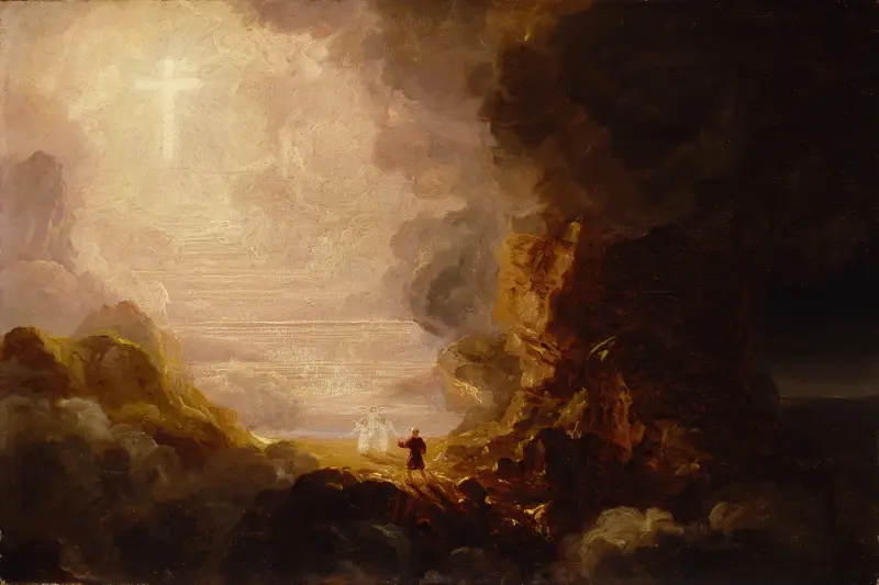 Pilgrimen vid korset vid slutet av sin resa (studie för serien Korset och världen) av Thomas Cole