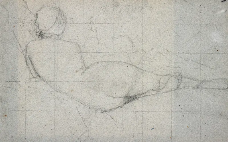 Liggande kvinnlig nakenstudie och partiell skiss av en andra kvinnlig figur av Thomas Couture