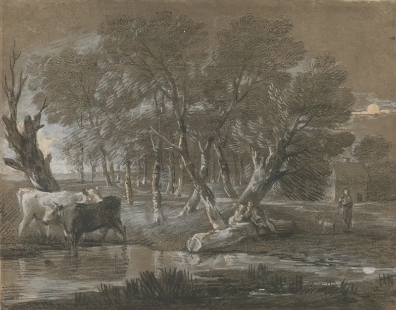 A Moonlit Landscape with Cattle by a Pool av Thomas Gainsborough