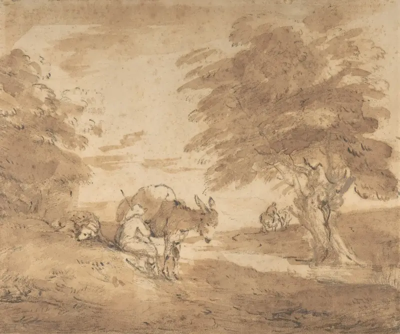 Odpočinek na cestě (Otevřená krajina s postavami, oslem a koňmi), Thomas Gainsborough