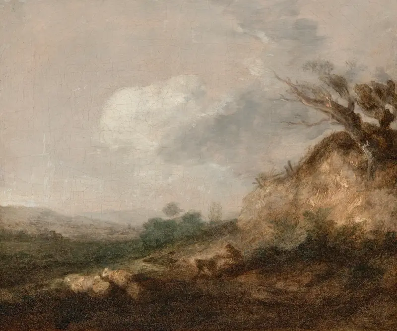 Herde med sin hund i ett landskap, fårhjorden vilar vid en dyn i förgrunden av Thomas Gainsborough