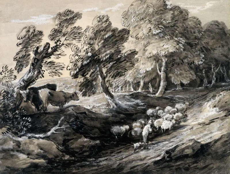Herde som driver en fårflock genom en skog av Thomas Gainsborough