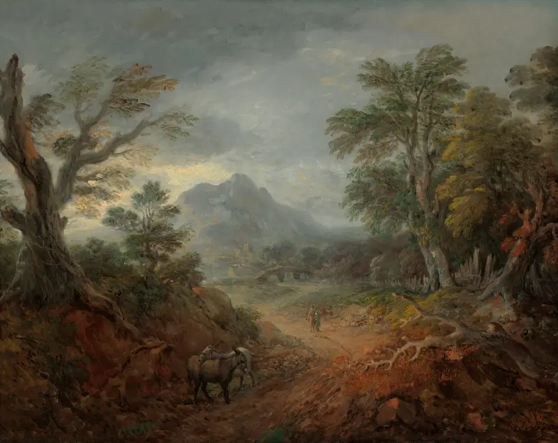 Skogslandskap med åsnor och figurer på en stig av Thomas Gainsborough
