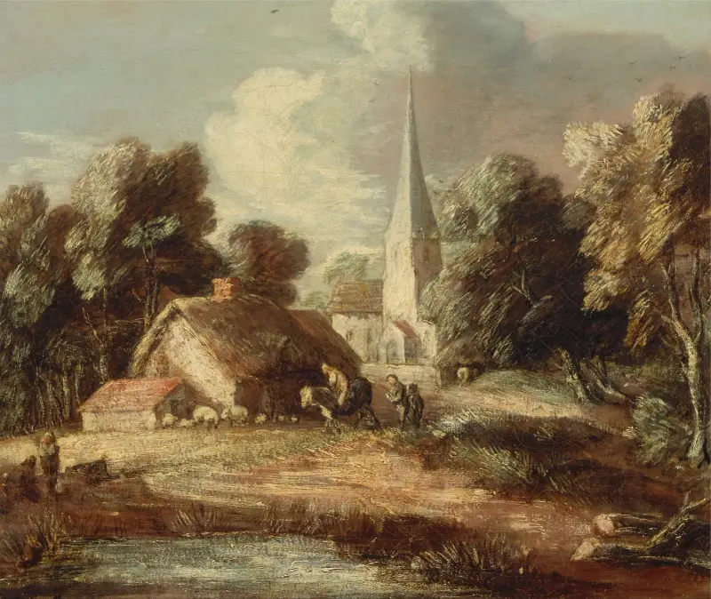 Landskap med stuga och kyrka av Thomas Gainsborough