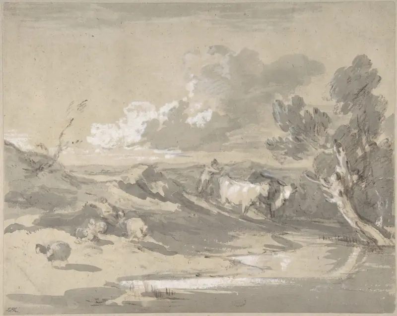 Öppet landskap med herde, kor och får av Thomas Gainsborough
