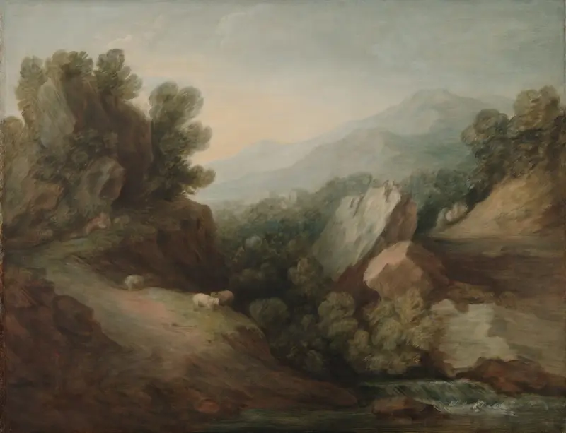 Klippigt, skogsbeklätt landskap med dalsänka och fördämning av Thomas Gainsborough