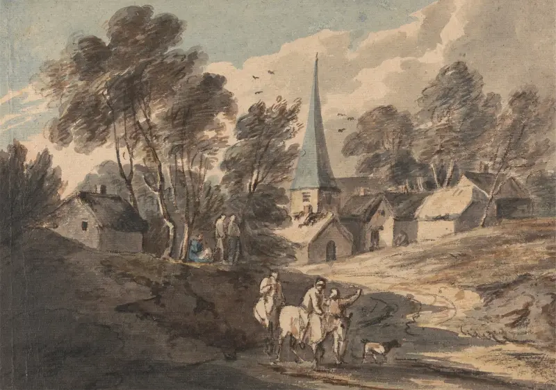 Reisende zu Pferd vor einem Dorf mit Kirchturm von Thomas Gainsborough