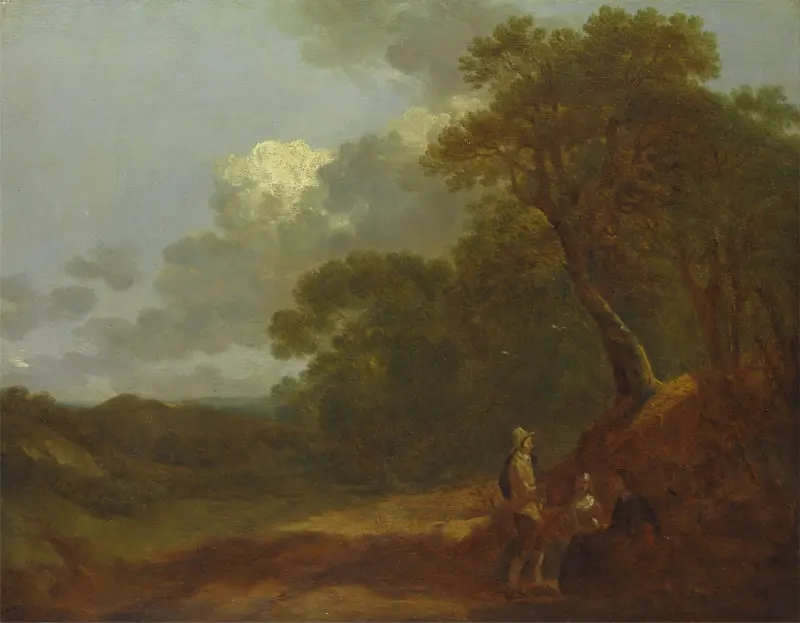 Skogslandskap med en man som talar med två sittande kvinnor av Thomas Gainsborough