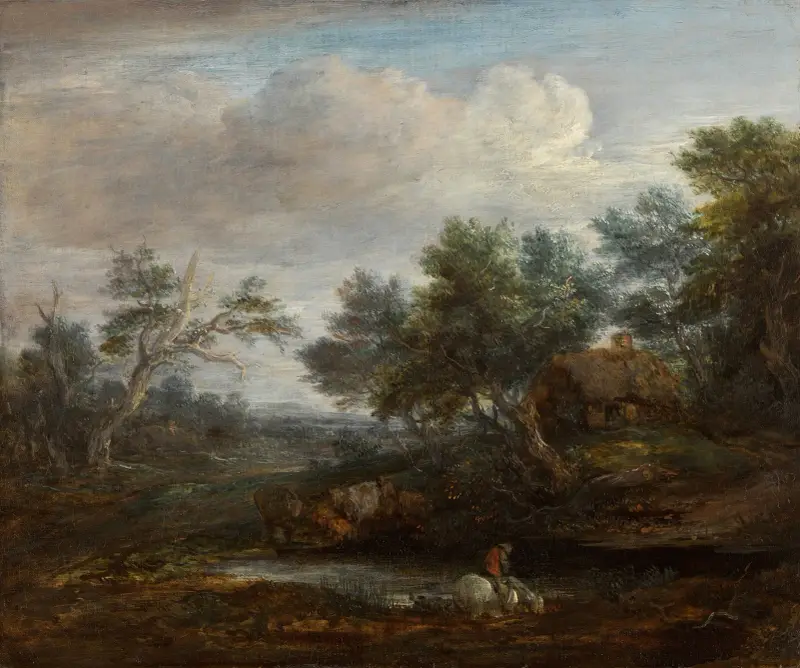 Waldlandschaft mit einem Reiter zu Pferd, der an einem Teich trinkt, dahinter ein strohgedecktes Haus von Thomas Gainsborough