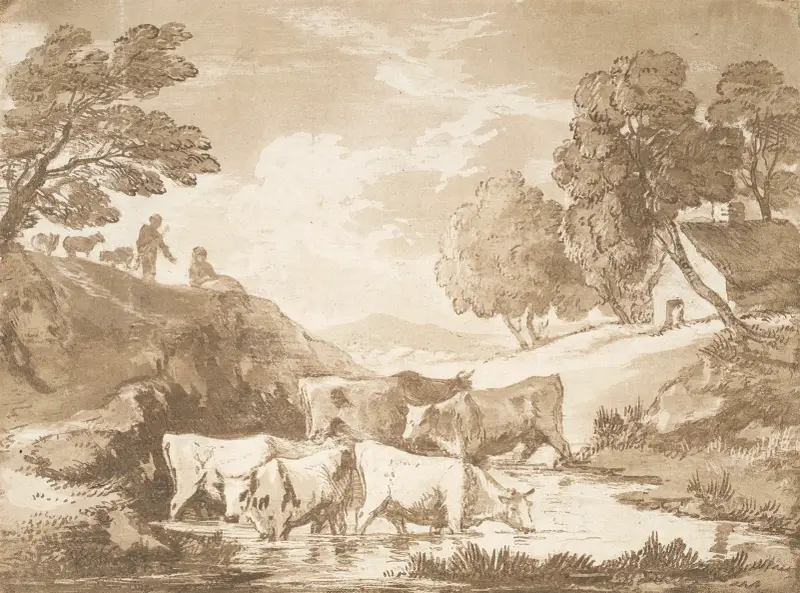 Skogslandskap med kor vid ett vattenställe, figurer och stuga av Thomas Gainsborough